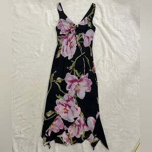 Vintage Y2K Floral Asymmetrical Midi Black Dress Size 3 Jonathan Martin